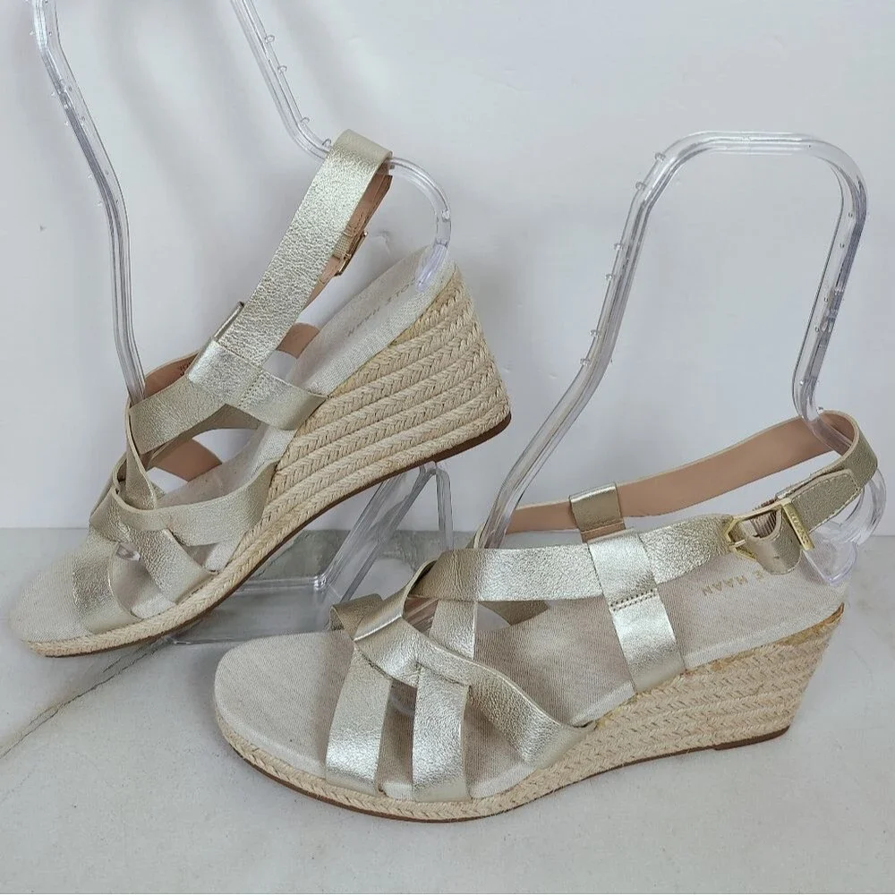 Cole Haan Crystal Wedge Metallic White Gold Leather Espadrille Sandals, Sz 10.5